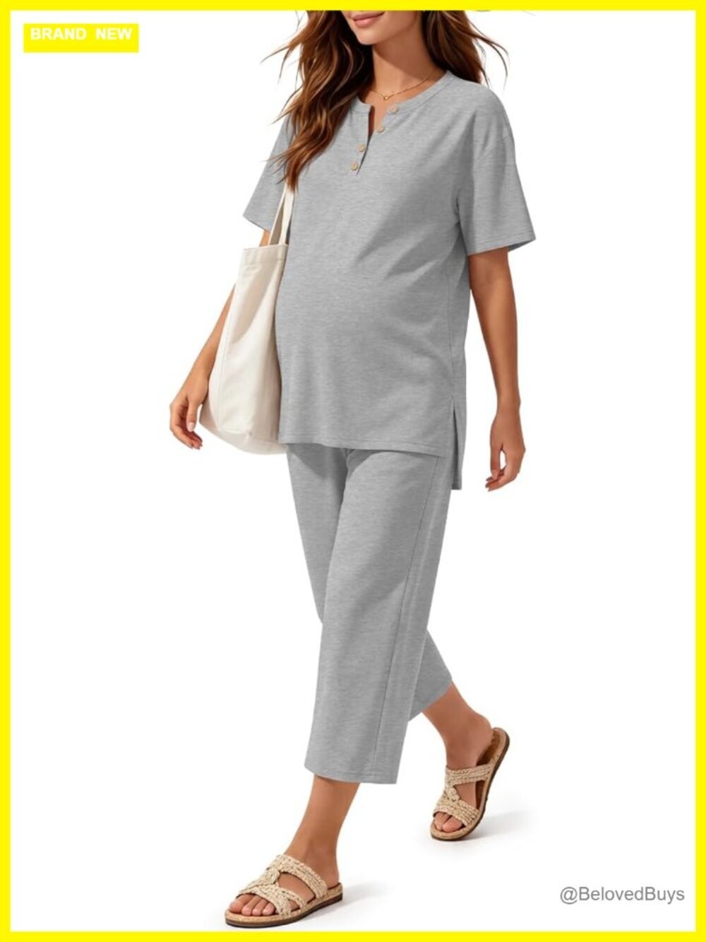 2 Piece Maternity Lounge Set Short Sleeve Top Wide Leg Capri Pants